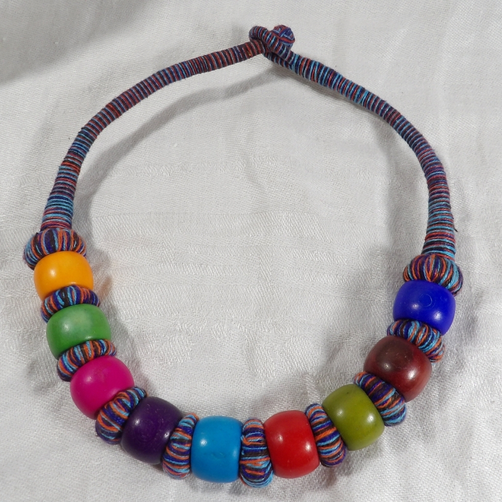 Boho chunky wooden Beaded Multi Color Necklace